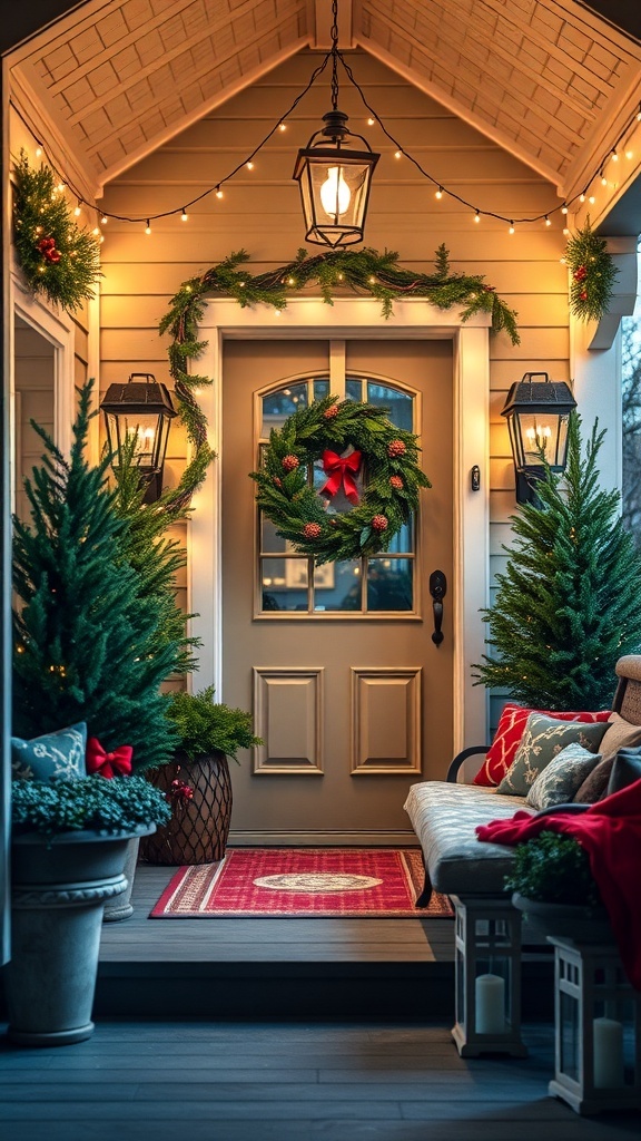 A festive Christmas veranda decorated with wreath, lights, and cozy seating.